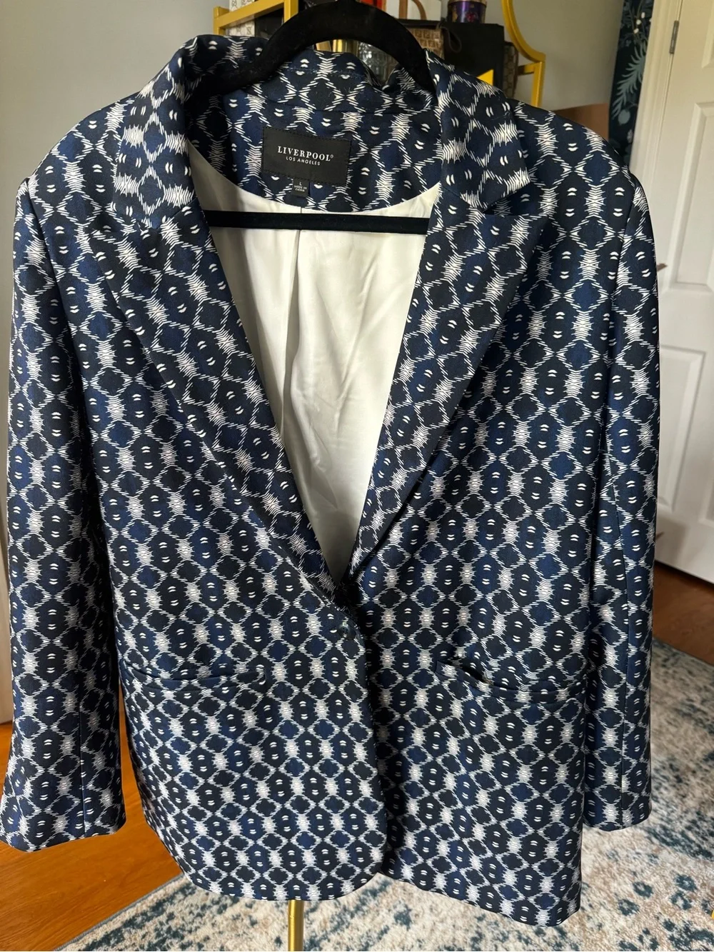 Liverpool Los Angeles Navy Geometric Ikat Print Fitted Blazer Jacket - Size L - Picture 2 of 6